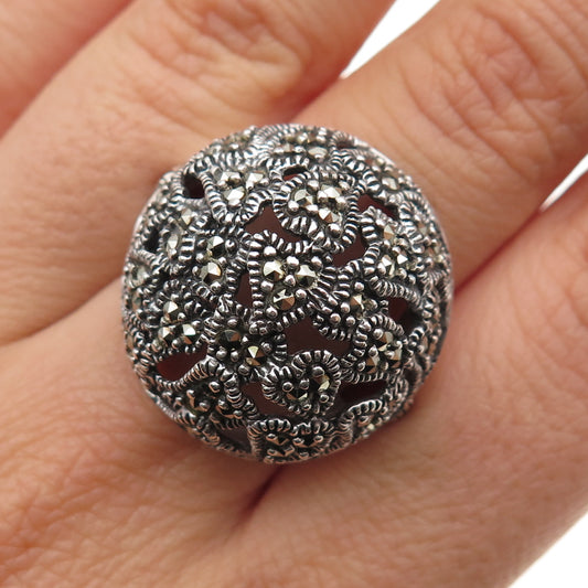 925 Sterling Silver Vintage Real Marcasite Heart Dome Oxidized Ring Size 6.25