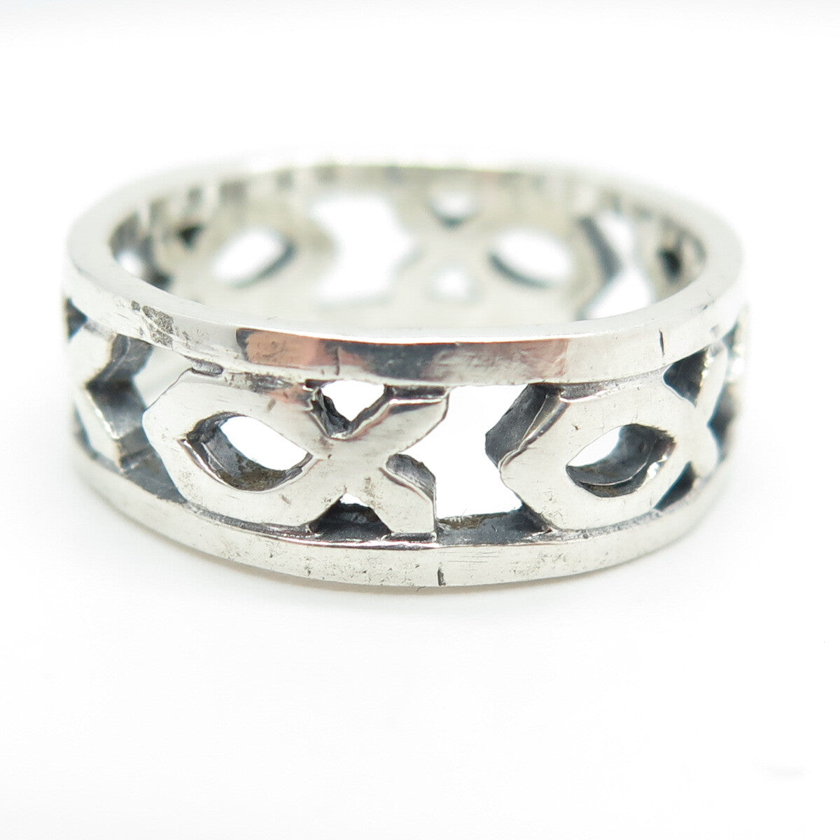 925 Sterling Silver Vintage Ichthys All Around Religious Band Ring Size 8.25