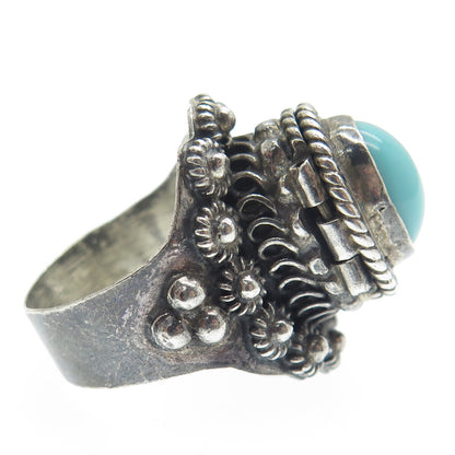 925 Sterling Silver Vintage Mexico Turquoise Cannetille Ring Size 6.5