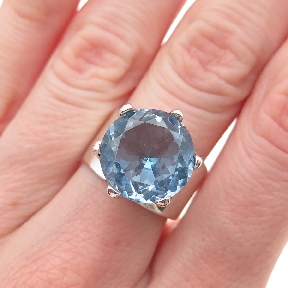 925 Sterling Silver Vintage Mexico Round-Cut Blue C Z Modernist Ring Size 7
