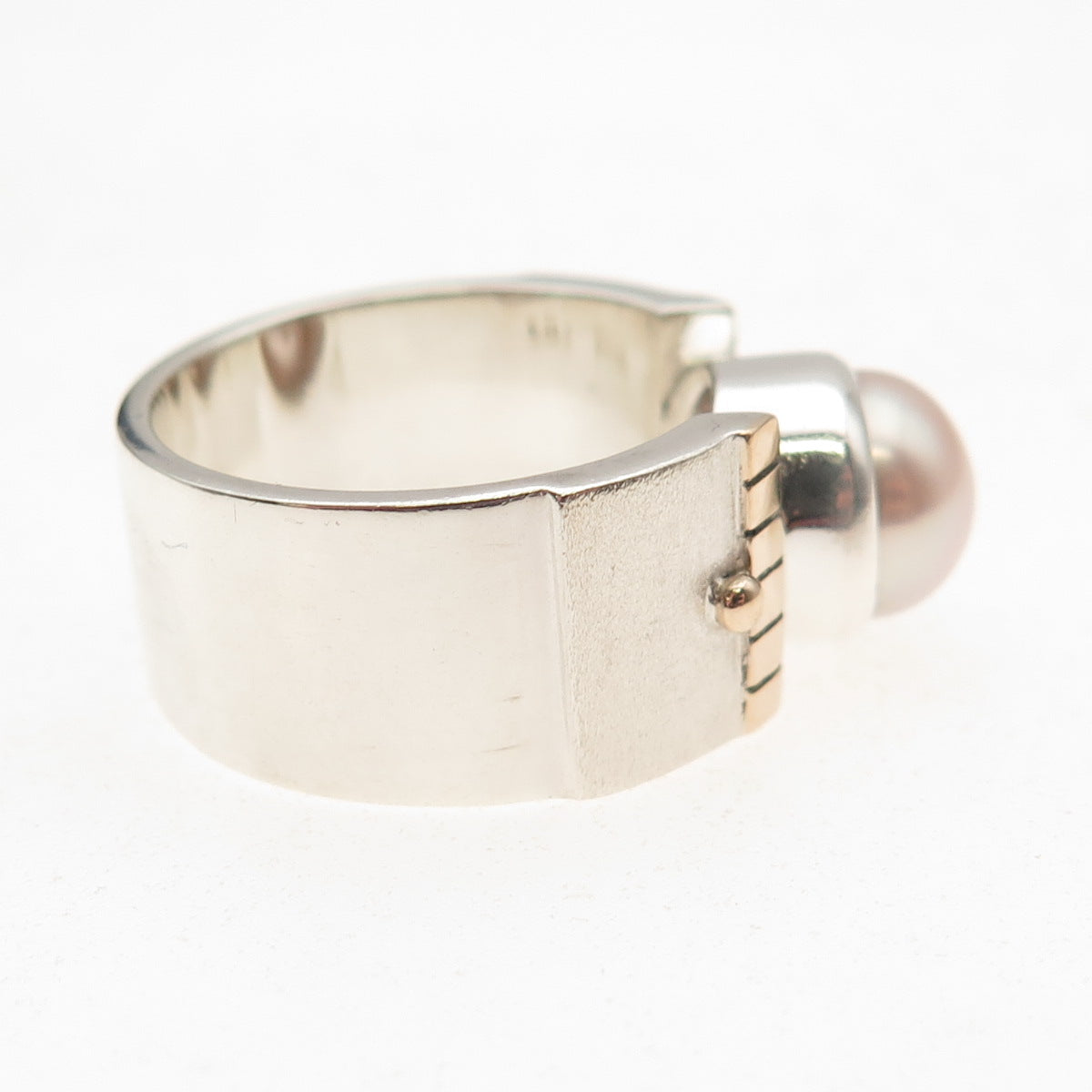 925 Sterling Silver Gold Accent Vintage Real Pearl Modernist Ring Size 8