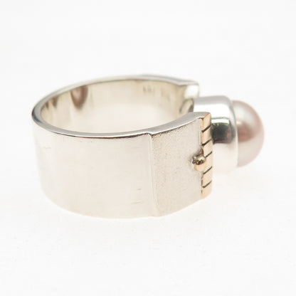 925 Sterling Silver Gold Accent Vintage Real Pearl Modernist Ring Size 8