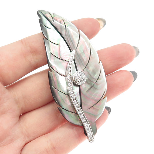 925 Sterling Silver Real Abalone Shell & C Z Leaf Modernist Pin Brooch