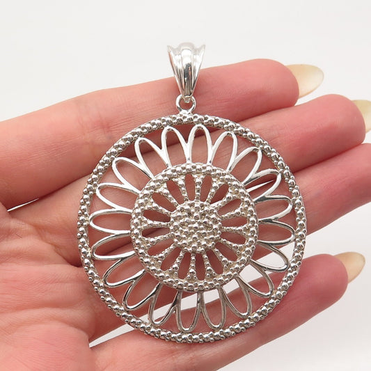 925 Sterling Silver Vintage Italy Milor Granulated Round Floral Pendant
