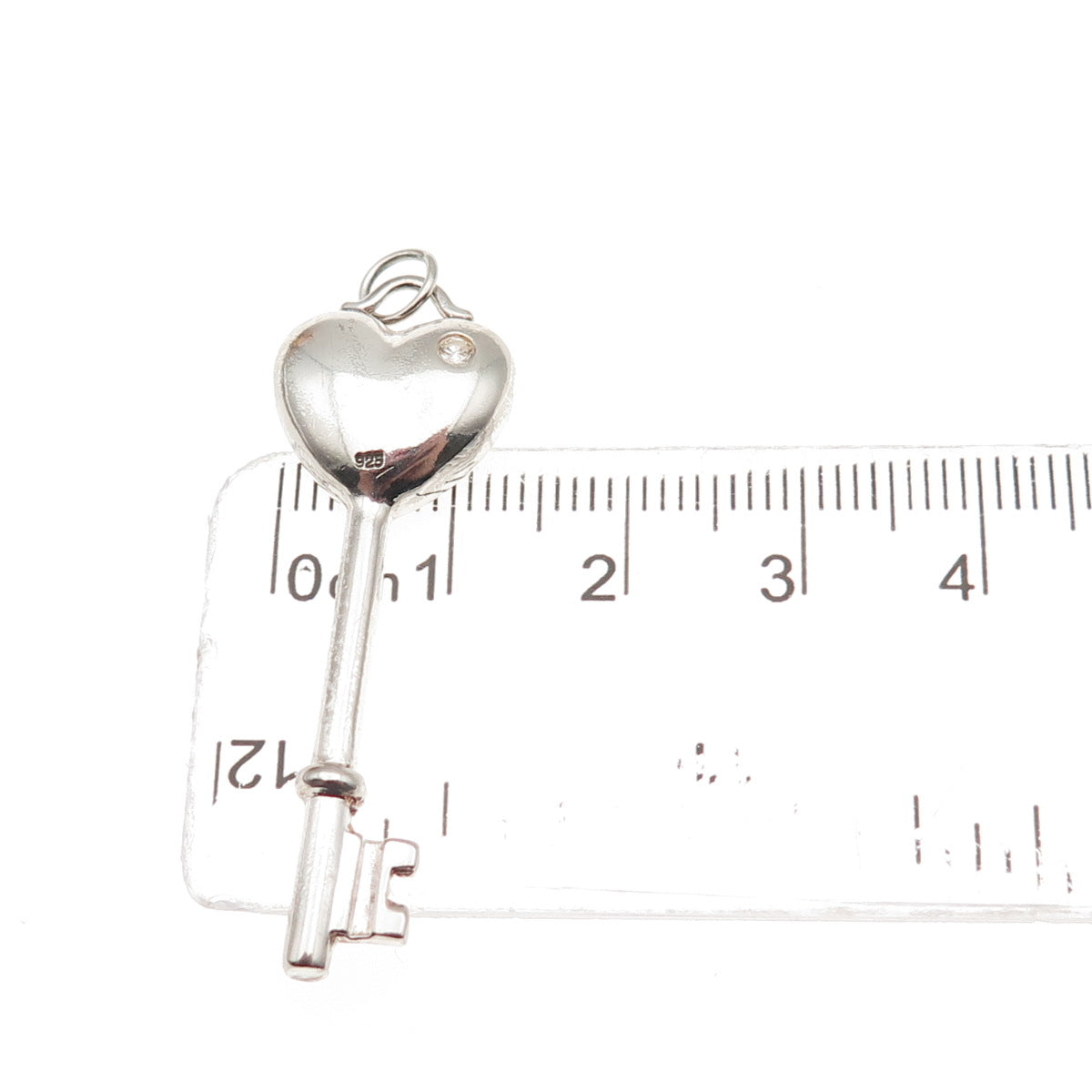 925 Sterling Silver Round-Cut C Z Heart Key Charm Pendant