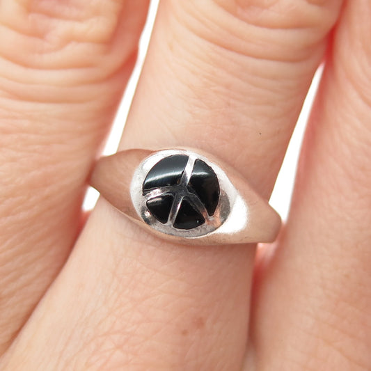 925 Sterling Silver Vintage Real Black Onyx Peace Symbol Signet Ring Size 7.25