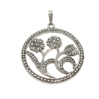 HAMILTON 925 Sterling Silver Antique Art Deco Marcasite Gem Flowers Pendant