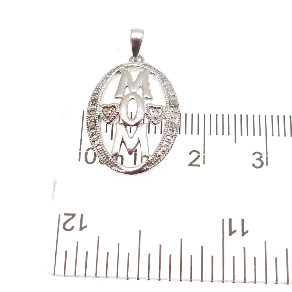 925 Sterling Silver Real Round-Cut Diamond Mom Heart Charm Pendant