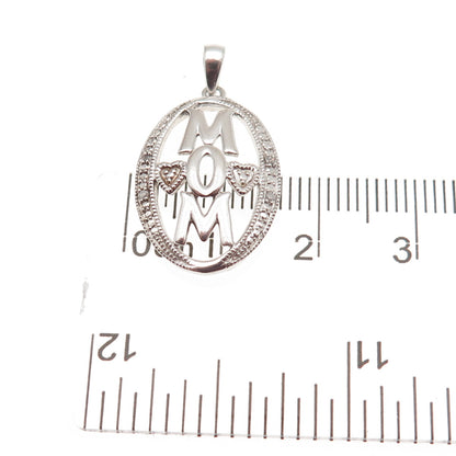 925 Sterling Silver Real Round-Cut Diamond Mom Heart Charm Pendant