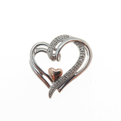 925 Sterling Silver & 14K Rose Gold Real Diamond Heart Minimalist Slide Pendant