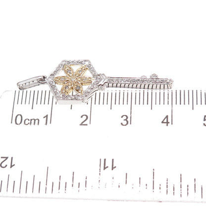925 Sterling Silver 2-Tone Real Round-Cut Diamond Floral Key Charm Pendant