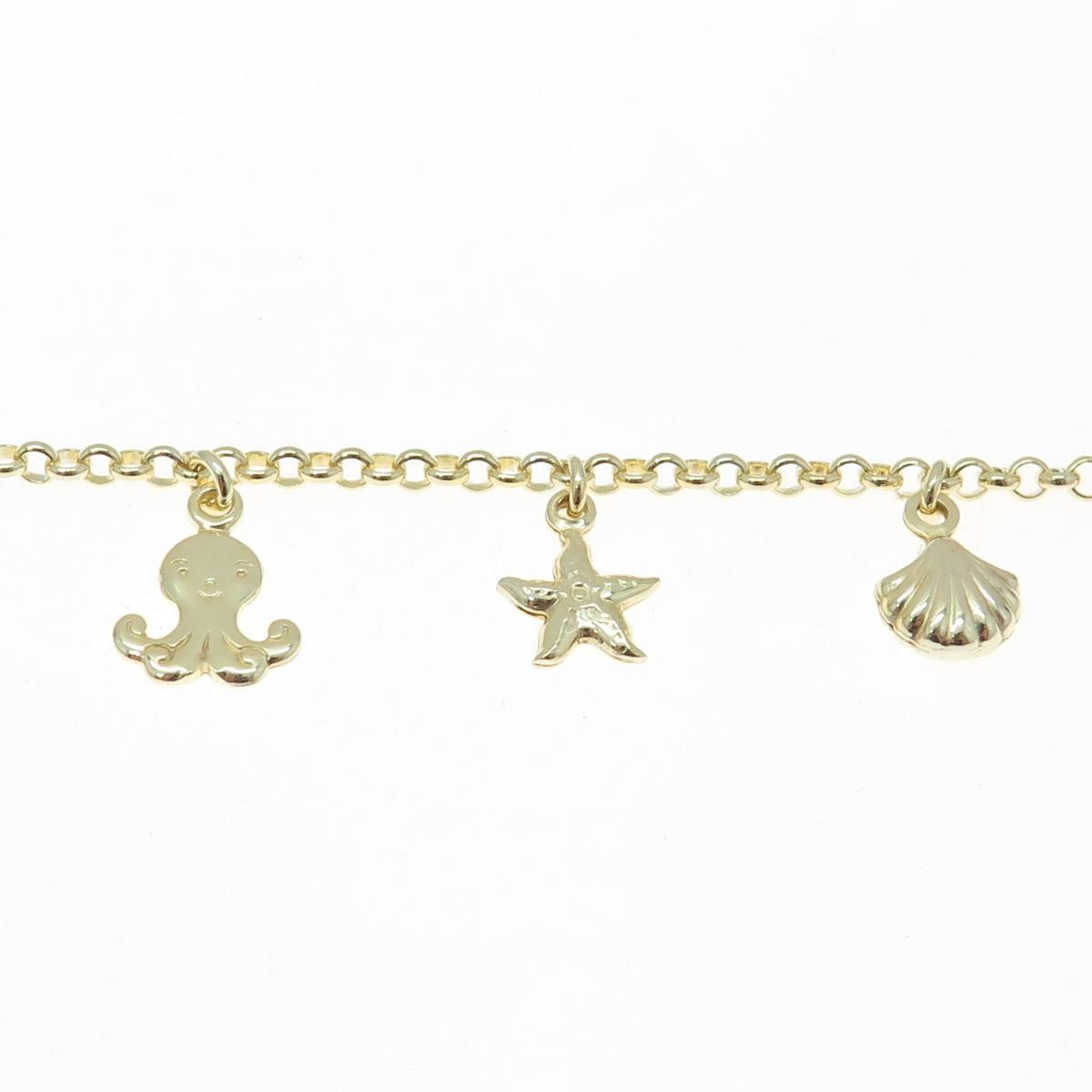 925 Sterling Silver Gold Plated Sea Life Dangle Charm Rolo Link Bracelet 7"