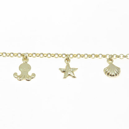 925 Sterling Silver Gold Plated Sea Life Dangle Charm Rolo Link Bracelet 7"