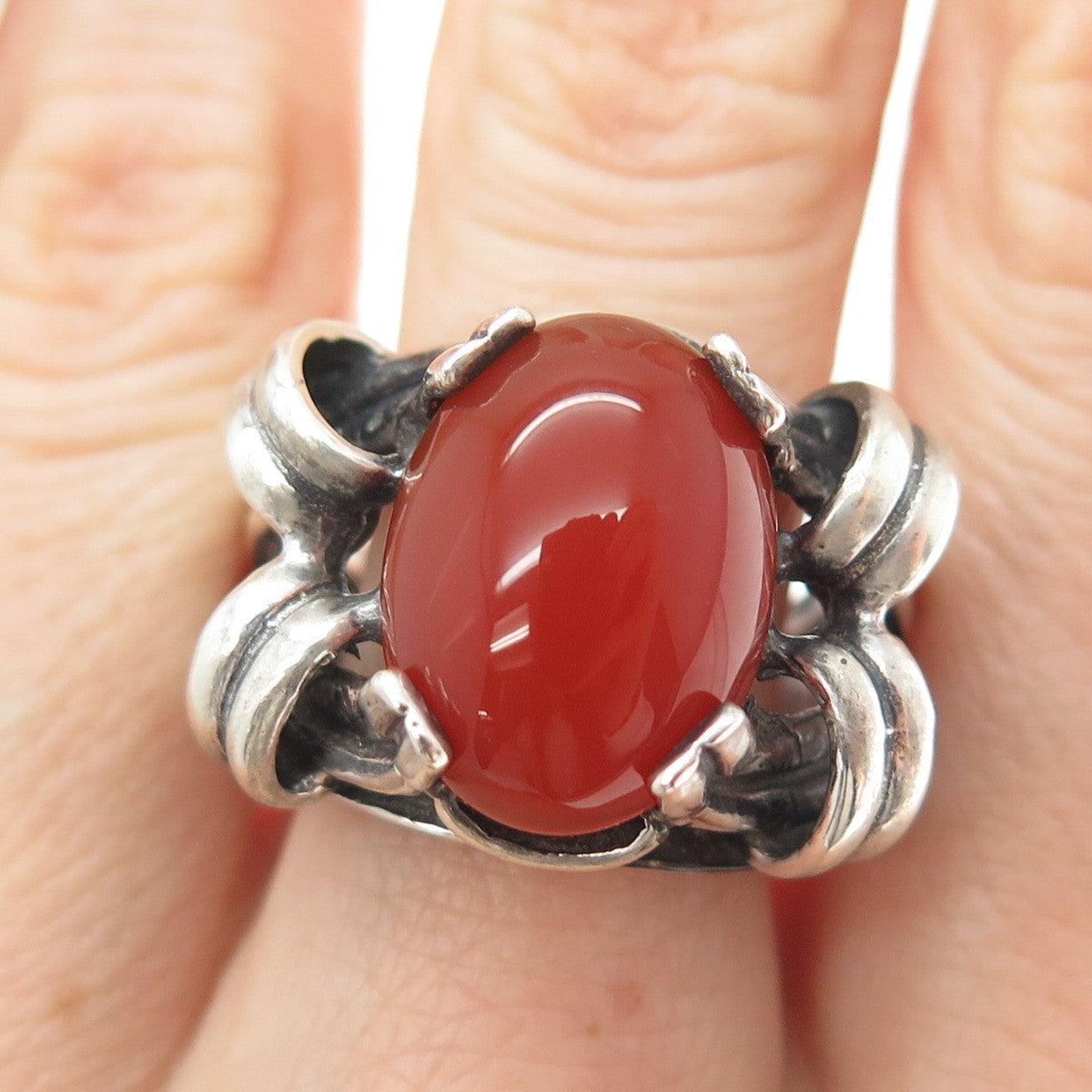 925 Sterling Silver Vintage Real Carnelian Modernist Oxidized Ring Size 9.25