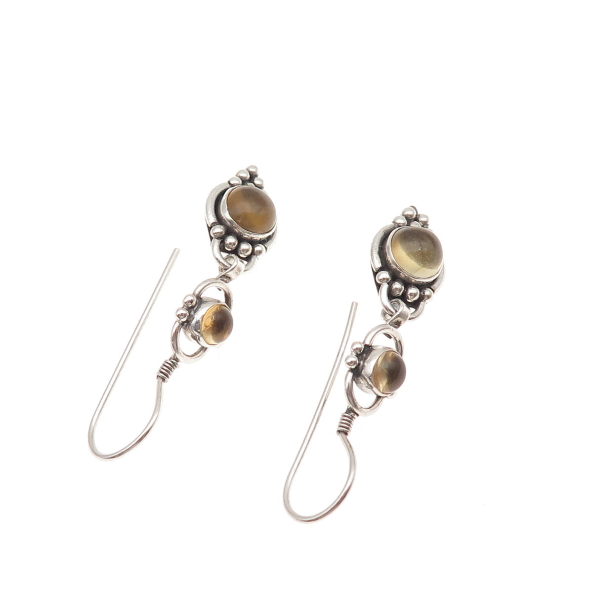 925 Sterling Silver Vintage Real Yellow Quartz Beaded Oxidized Dangle Earrings