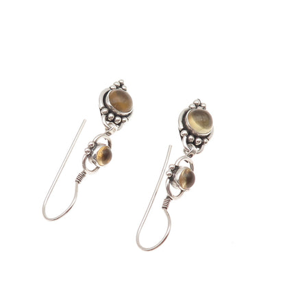 925 Sterling Silver Vintage Real Yellow Quartz Beaded Oxidized Dangle Earrings