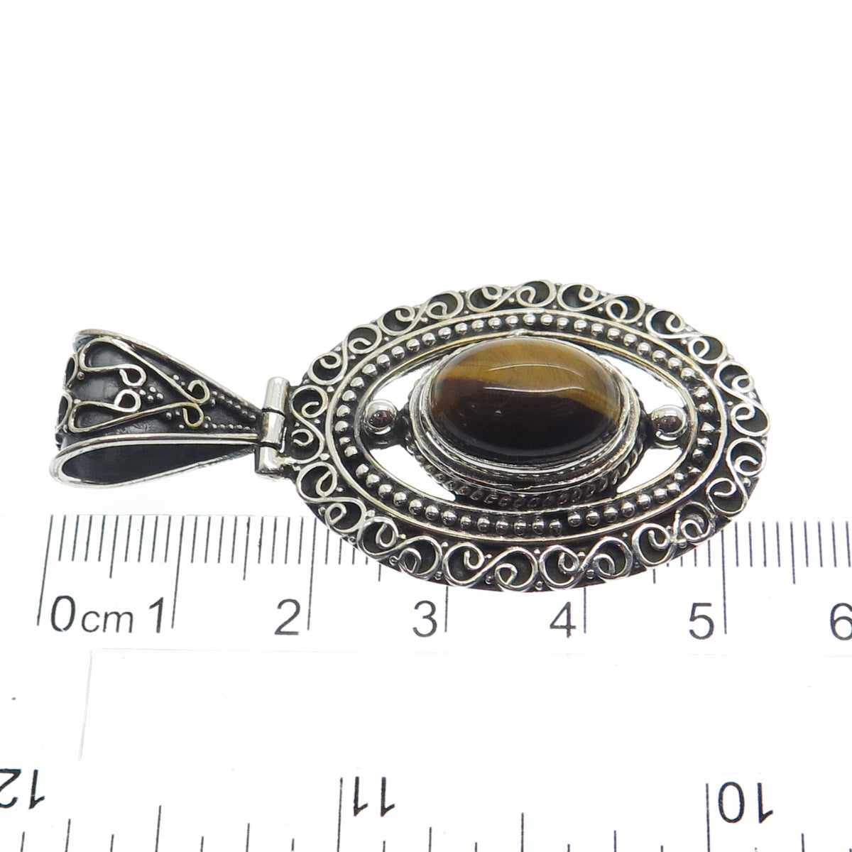 925 Sterling Silver Vintage Real Tiger Eye Boho Ornate Pendant