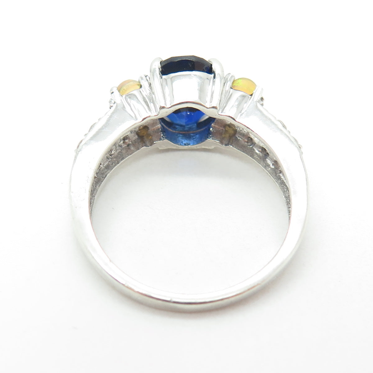 925 Sterling Silver Lab-Created Sapphire Real Opal & White Topaz Ring Size 8.75