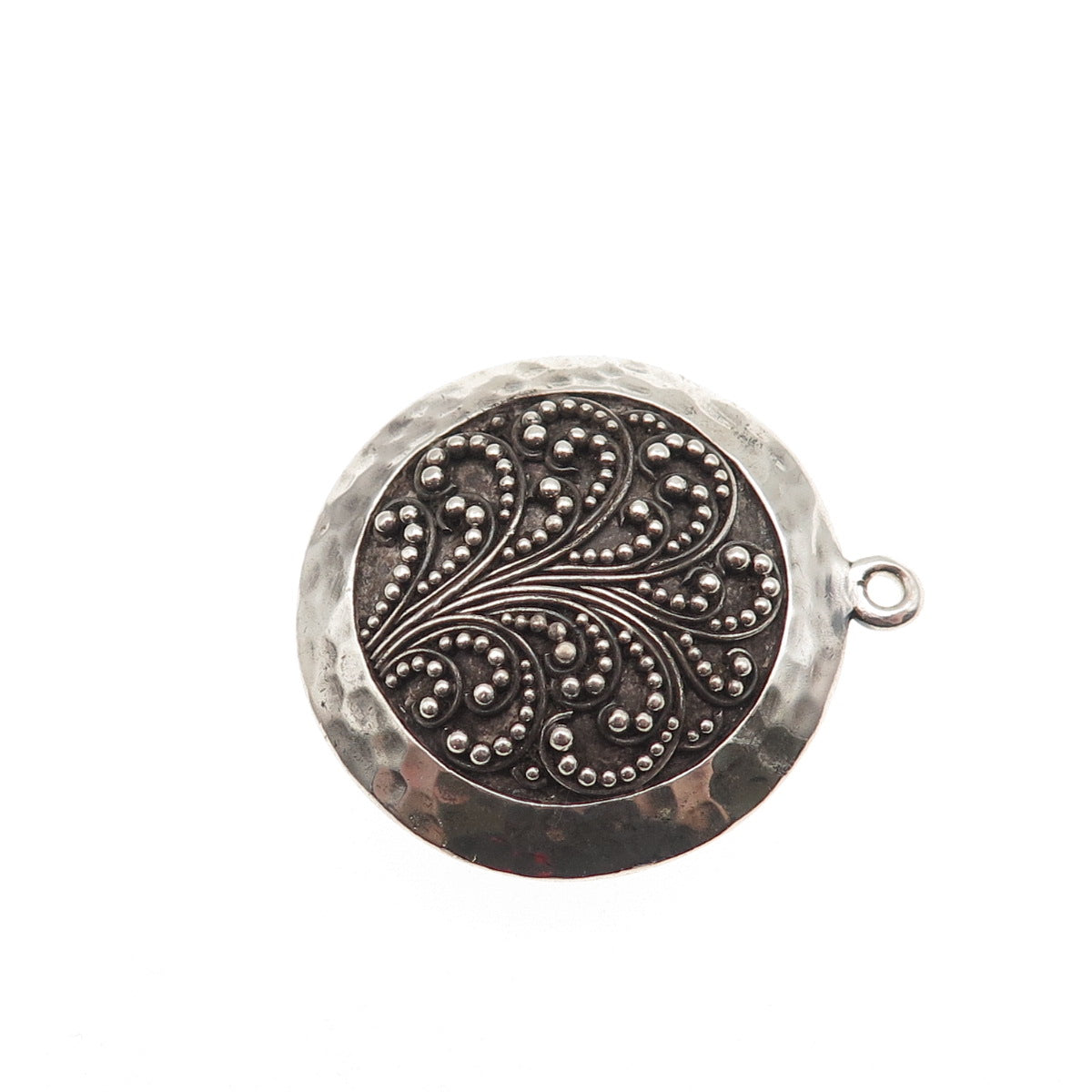 925 Sterling Silver Vintage Granulated Scroll Hammered Oxidized Charm Pendant