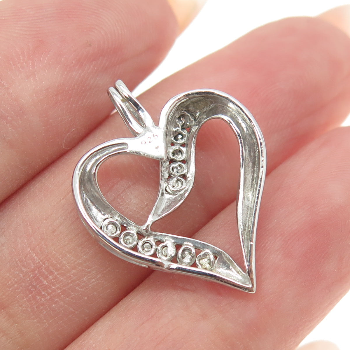 925 Sterling Silver Real Round-Cut Diamond Heart Pendant