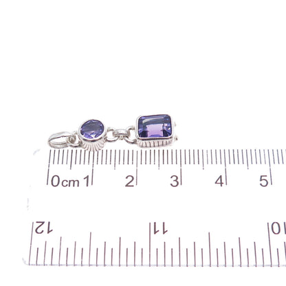 925 Sterling Silver Vintage Real Round & Emerald-Cut Amethyst Charm Pendant