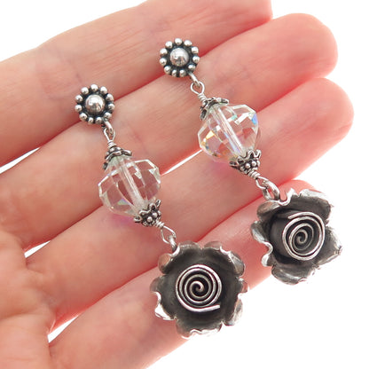 DOUG PAULUS Sterling Silver Vintage Crystal Rose Flower Oxidized Dangle Earrings
