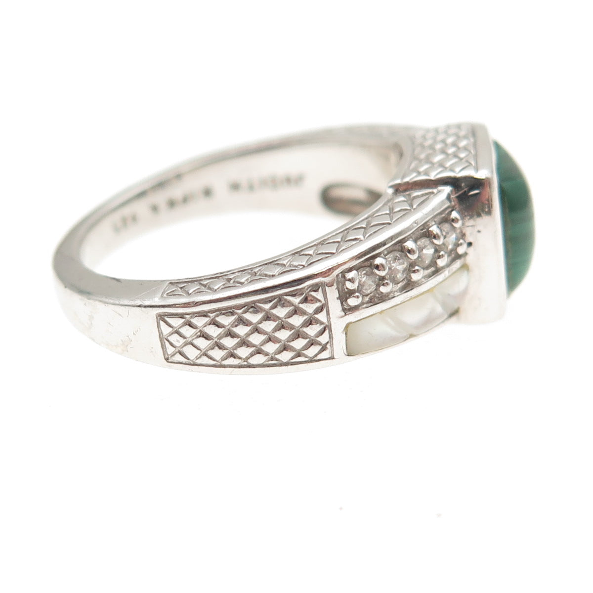 Judith Ripka 925 Sterling Silver Real Malachite MOP & C Z Signet Ring Size 9