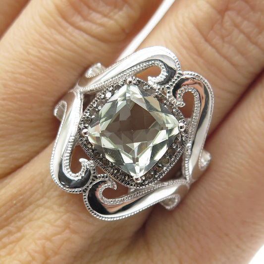 925 Sterling Silver Real Round-Cut Diamond & Green Amethyst Ring Size 7.25