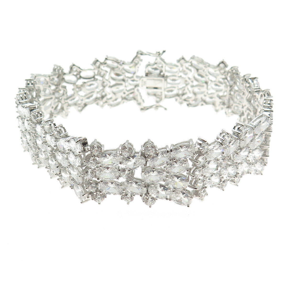 925 Sterling Silver Round & Oval-Cut C Z Cluster Link Bracelet 8"