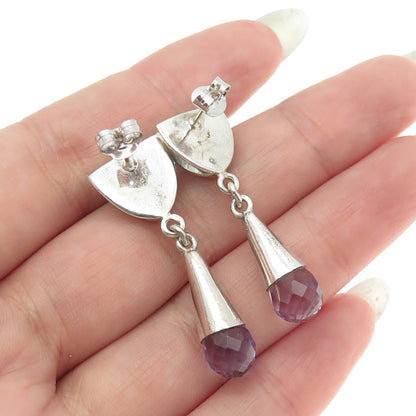 925 Sterling Silver Vintage Real Amethyst Modernist Drop Dangling Earrings