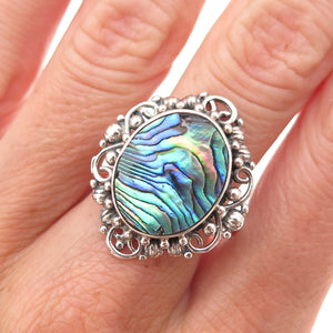 Merav 925 Sterling Silver Vintage Real Abalone Shell Oxidized Ring Size 10.25
