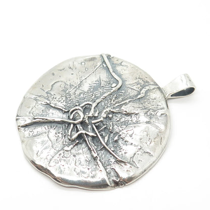 925 Sterling Silver Vintage Brutalist Modernist Large Round Pendant