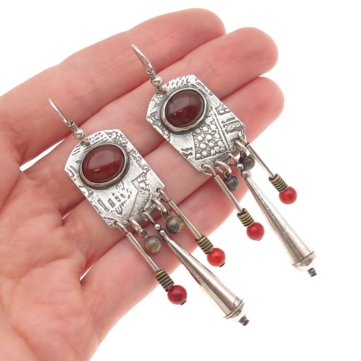 ERA Artisan 925 Sterling Silver Vintage Real Carnelian Modernist Dangle Earrings
