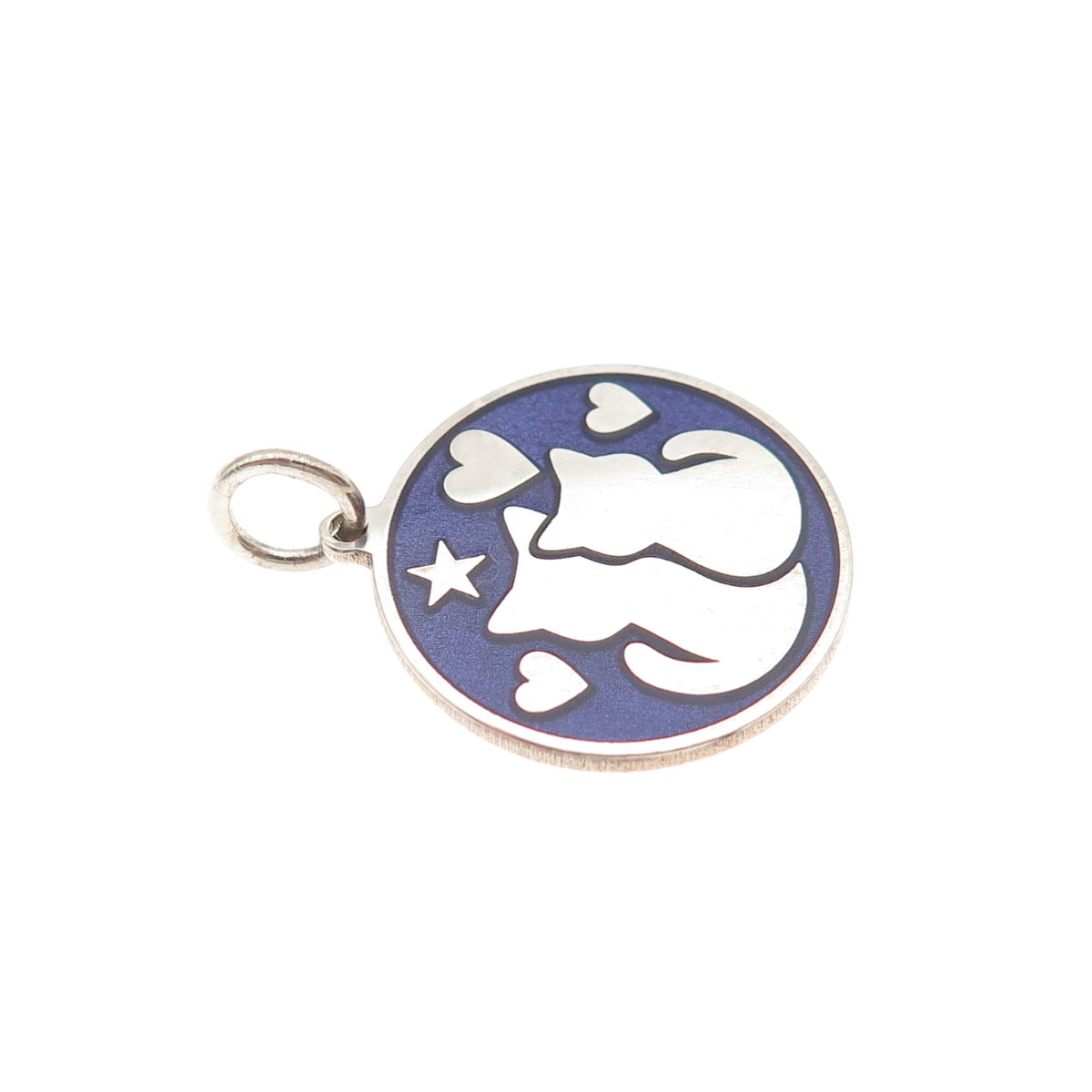 925 Sterling Silver Purple Enamel Cat Couple Round Tag Mini Charm Pendant