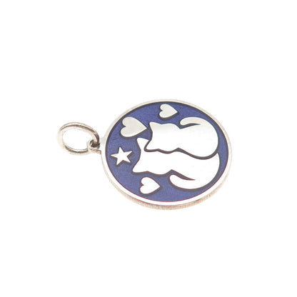 925 Sterling Silver Purple Enamel Cat Couple Round Tag Mini Charm Pendant