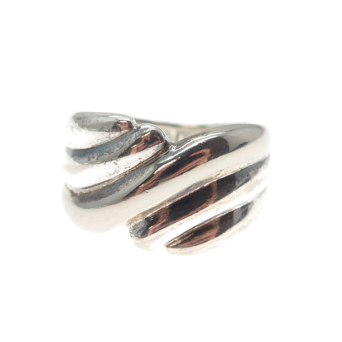925 Sterling Silver Vintage Modernist Ribbed Bypass Ring Size 6