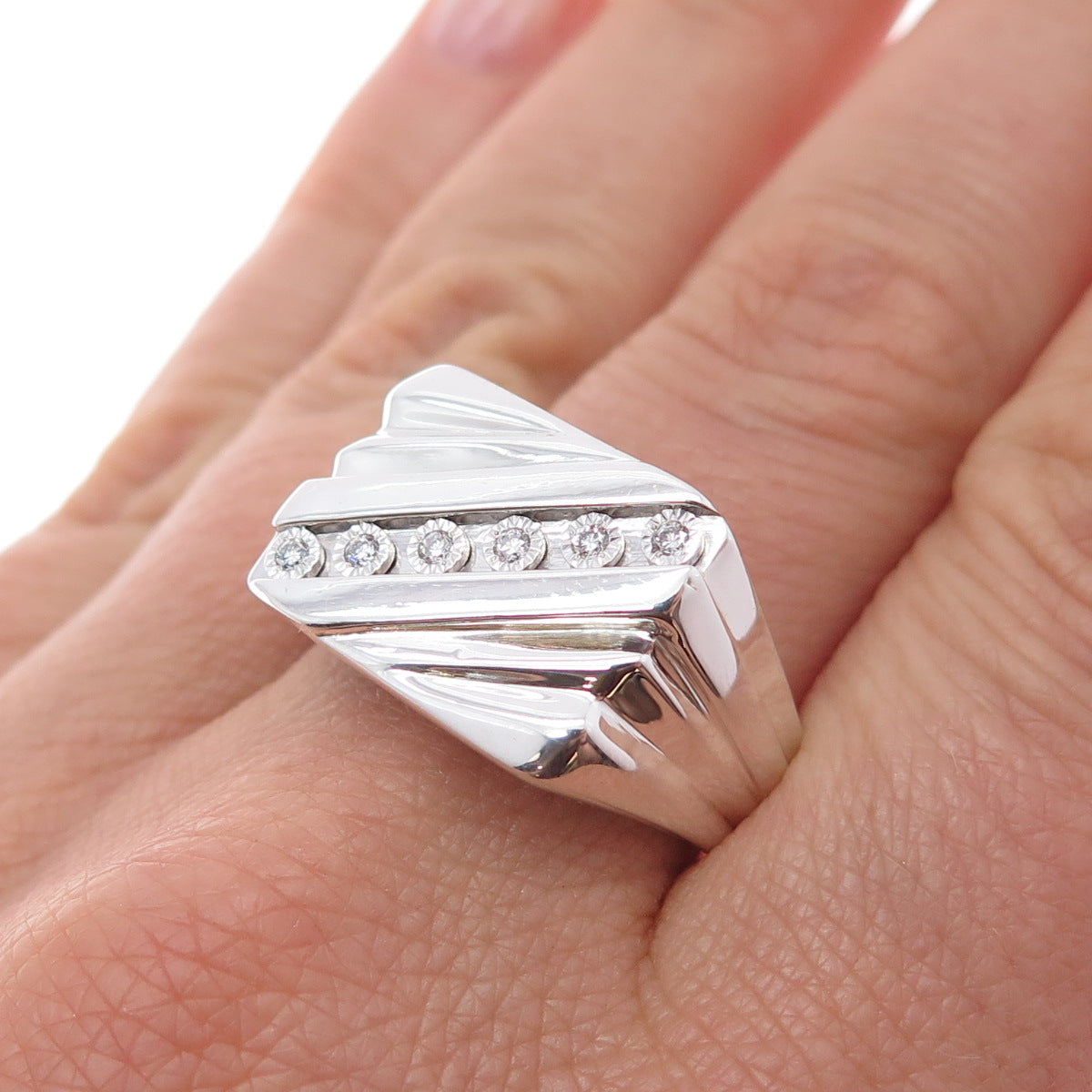 925 Sterling Silver Real Round-Cut Diamond Modernist Ring Size 10.5