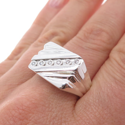 925 Sterling Silver Real Round-Cut Diamond Modernist Ring Size 10.5