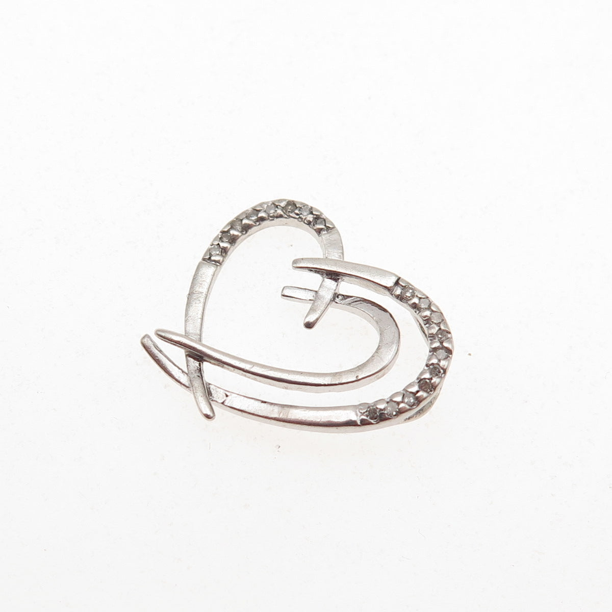 925 Sterling Silver Real Round-Cut Diamond Heart Mini Slide Pendant