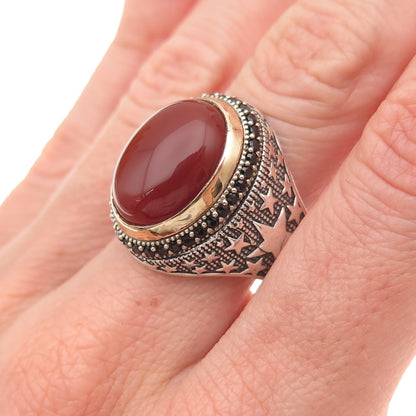925 Sterling 2-Tone Vintage Real Carnelian & Black Spinel Star Ring Size 11.5