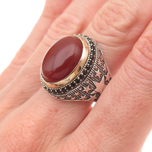 925 Sterling 2-Tone Vintage Real Carnelian & Black Spinel Star Ring Size 11.5