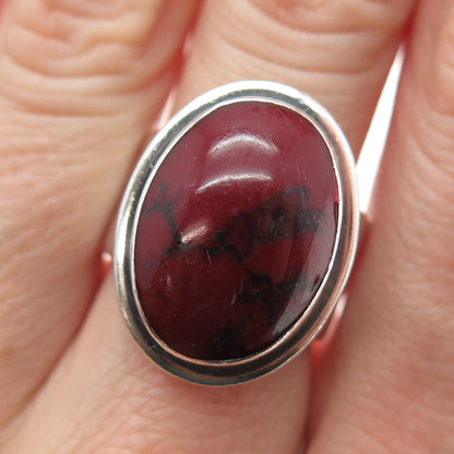 925 Sterling Silver Vintage Real Cabochon Red Jasper Modernist Ring Size 7.25