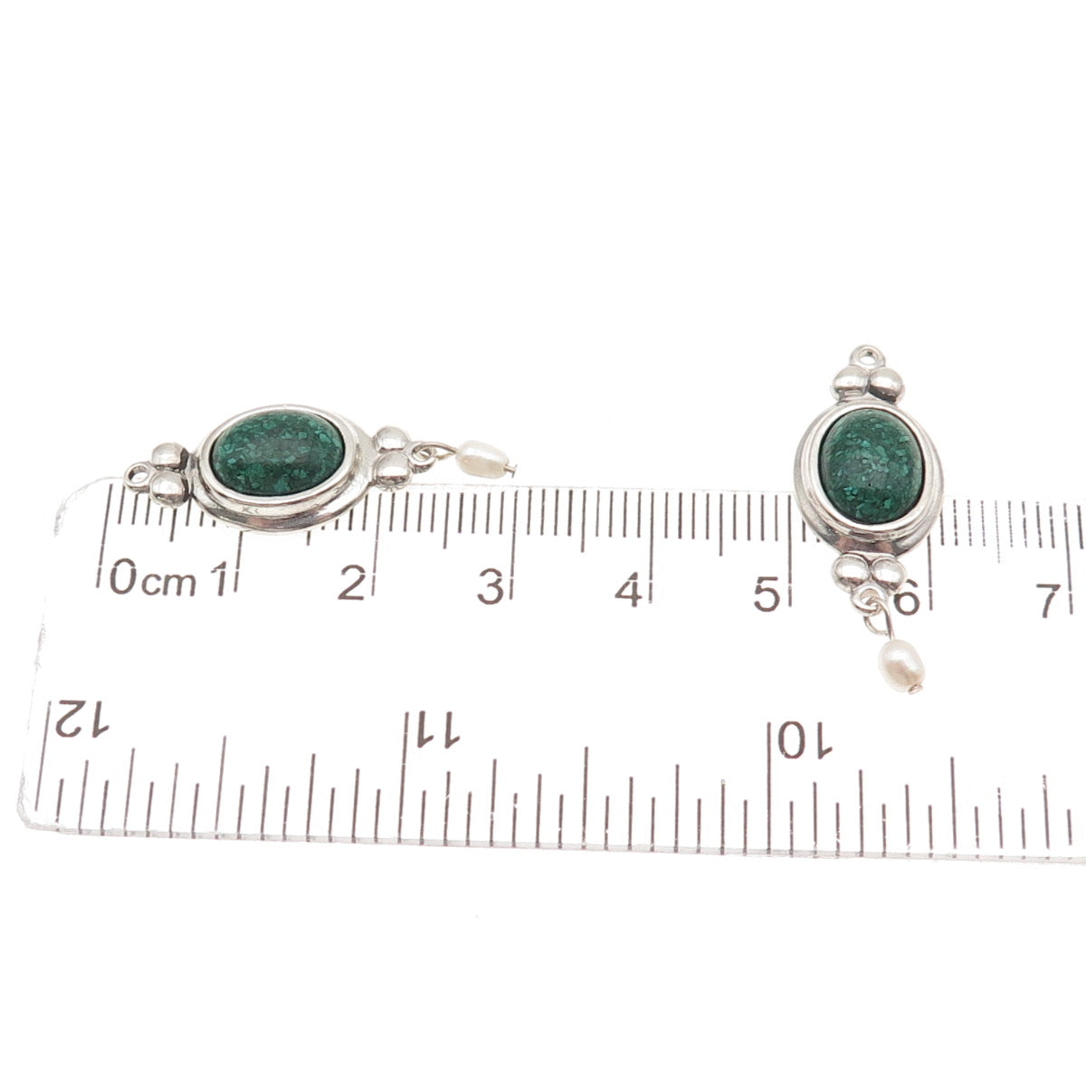 Coleman Co. Sterling Silver Vintage Real Malachite Inlay & Pearl Jacket Earrings