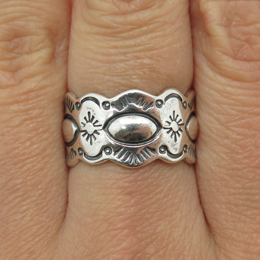 SHUBE 925 Sterling Silver Vintage Tribal Symbol Oxidized Band Ring Size 8