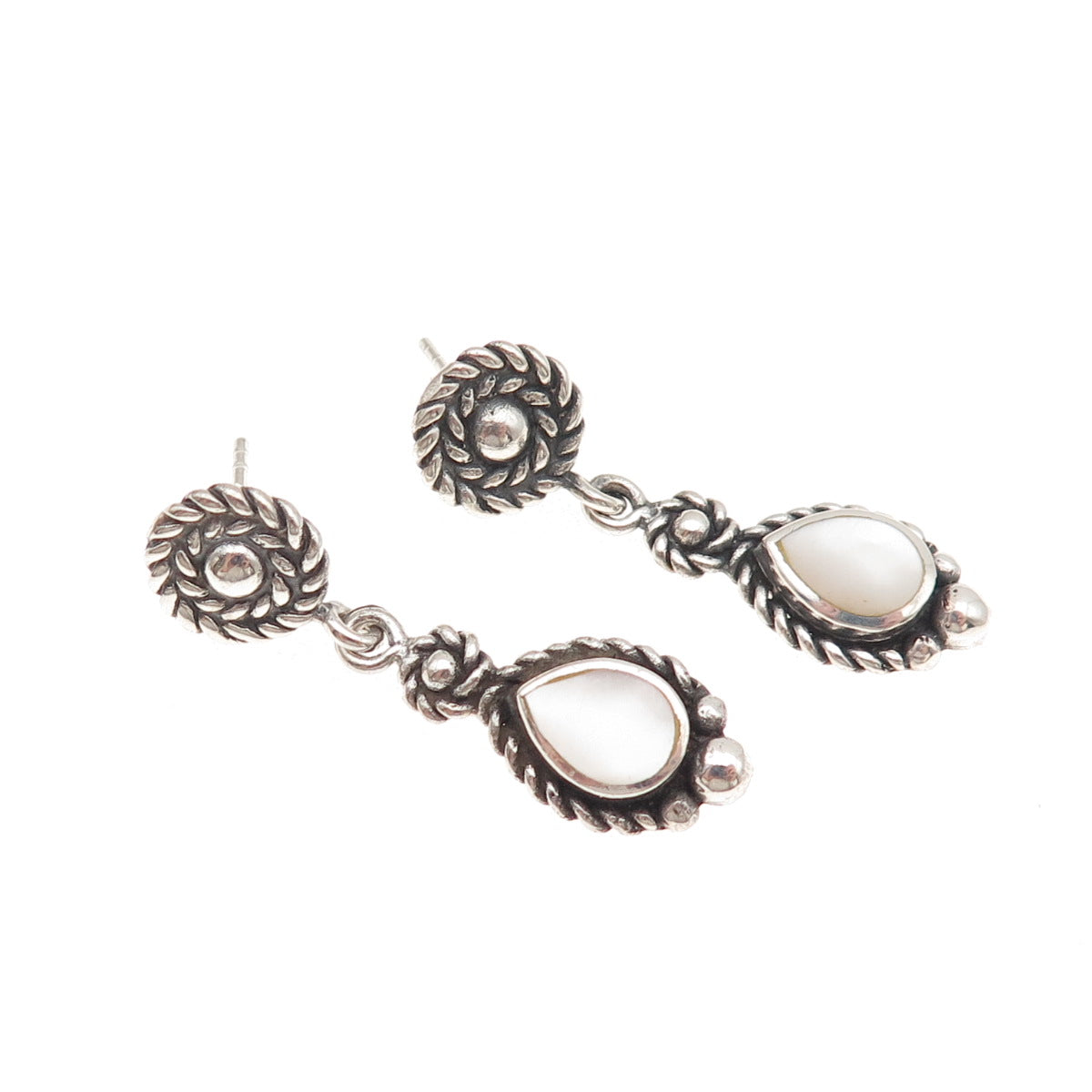 925 Sterling Silver Vintage Real MOP Teardrop Oxidized Dangle Earrings