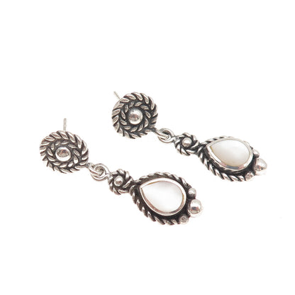 925 Sterling Silver Vintage Real MOP Teardrop Oxidized Dangle Earrings