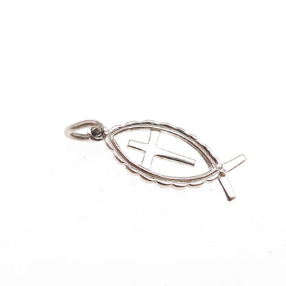 THEDA 925 Sterling Silver Vintage Ichthys Cross Religious Mini Charm Pendant