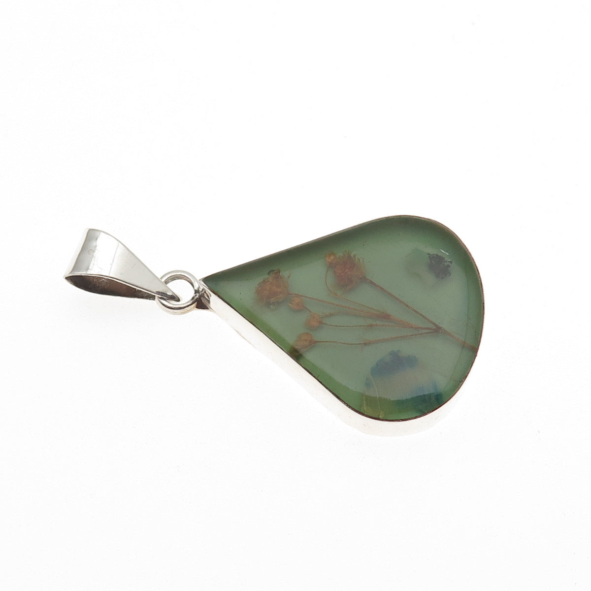 925 Sterling Silver Vintage Mexico Enamel Pressed Flowers Teardrop Pendant