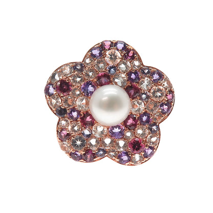 CLYDE DUNEIER Sterling Silver Rose Gold Plated Real Pearl & Muti-Gem Ring Size 7