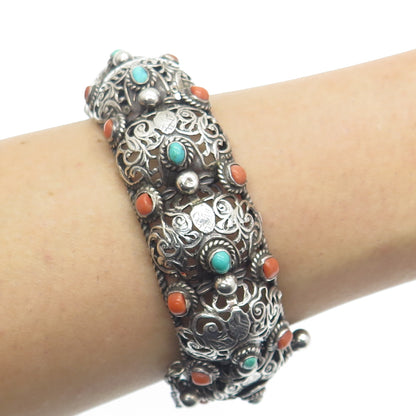 925 Sterling Silver Antique Real Turquoise Coral Floral Oxidized Bracelet 7.75"